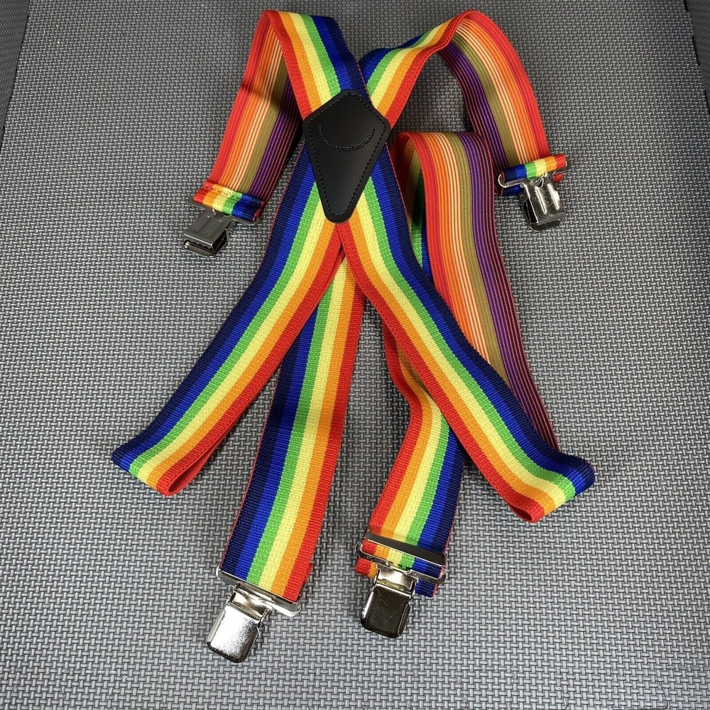 Suspender Store Elastic Mens 54” Rainbow Stripes Silver Clip Clown Pride LGBTQ